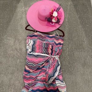 Derby- complete look!Pink Multi-Color Strapless Summer Dress with large brim hat
